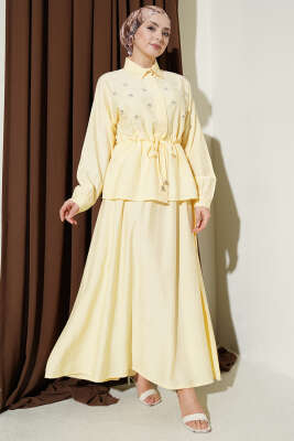 İnci Çiçekli Bel Tünelli Etekli Takım Sarı 