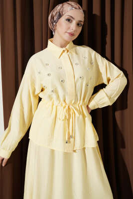 İnci Çiçekli Bel Tünelli Etekli Takım Sarı - İkili Takım