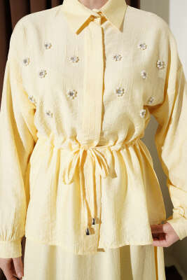 İnci Çiçekli Bel Tünelli Etekli Takım Sarı - İkili Takım