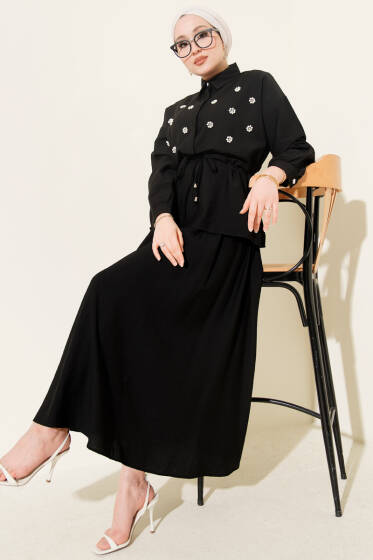 İnci Çiçekli Bel Tünelli Etekli Takım Siyah - İkili Takım