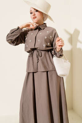 İnci Çiçekli Bel Tünelli Etekli Takım Vizon - İkili Takım