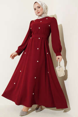 İnci Çiçekli Kuşaklı Elbise Bordo - DENİZ LIFE