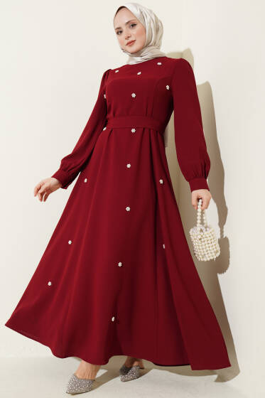 İnci Çiçekli Kuşaklı Elbise Bordo - Elbise