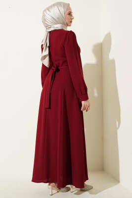 İnci Çiçekli Kuşaklı Elbise Bordo - Elbise