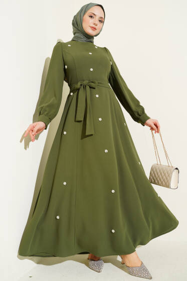 İnci Çiçekli Kuşaklı Elbise Haki - Elbise