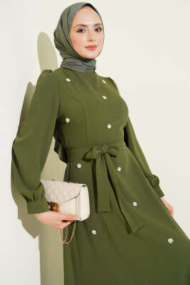 İnci Çiçekli Kuşaklı Elbise Haki - Elbise