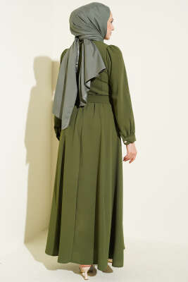 İnci Çiçekli Kuşaklı Elbise Haki - Elbise