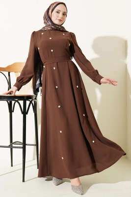 İnci Çiçekli Kuşaklı Elbise Kahve - DENİZ LIFE