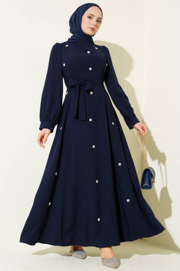 İnci Çiçekli Kuşaklı Elbise Lacivert - Elbise
