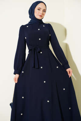 İnci Çiçekli Kuşaklı Elbise Lacivert - Elbise