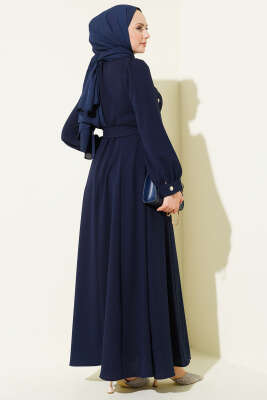 İnci Çiçekli Kuşaklı Elbise Lacivert - Elbise