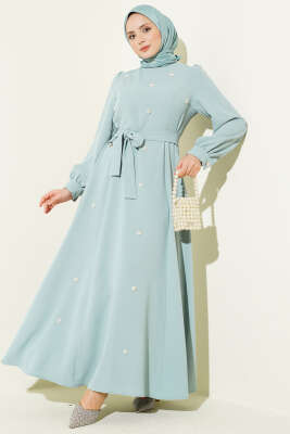 İnci Çiçekli Kuşaklı Elbise Mint - DENİZ LIFE