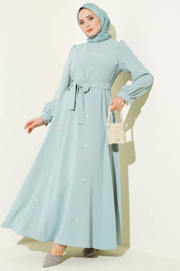 İnci Çiçekli Kuşaklı Elbise Mint - Elbise