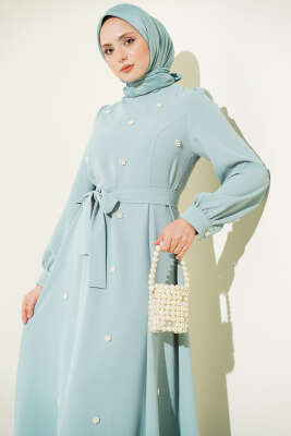 İnci Çiçekli Kuşaklı Elbise Mint - Elbise