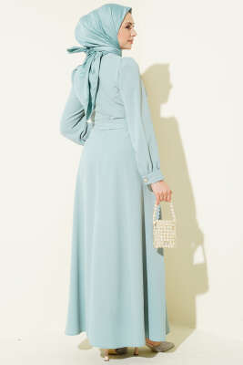 İnci Çiçekli Kuşaklı Elbise Mint - Elbise