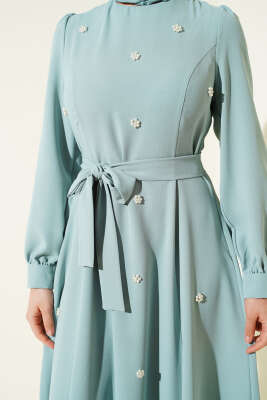 İnci Çiçekli Kuşaklı Elbise Mint - Elbise