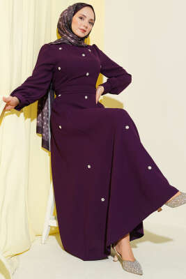 İnci Çiçekli Kuşaklı Elbise Mürdüm - DENİZ LIFE