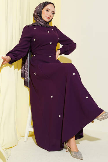 İnci Çiçekli Kuşaklı Elbise Mürdüm - Elbise