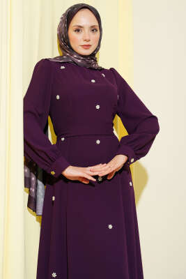 İnci Çiçekli Kuşaklı Elbise Mürdüm - Elbise