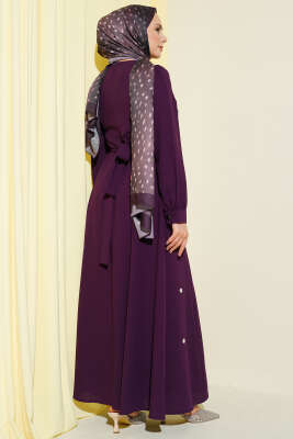 İnci Çiçekli Kuşaklı Elbise Mürdüm - Elbise