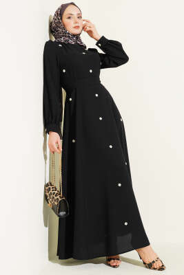 İnci Çiçekli Kuşaklı Elbise Siyah - DENİZ LIFE