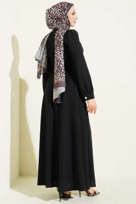 İnci Çiçekli Kuşaklı Elbise Siyah - Elbise