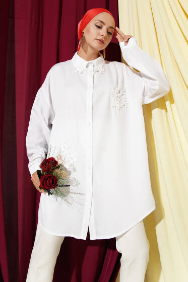 İnci Çiçekli Tunik Beyaz - Tunik