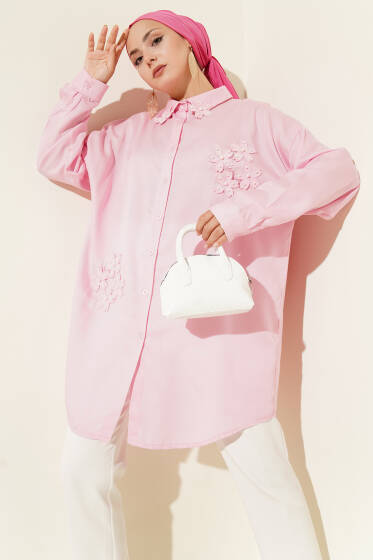İnci Çiçekli Tunik Pembe - Tunik