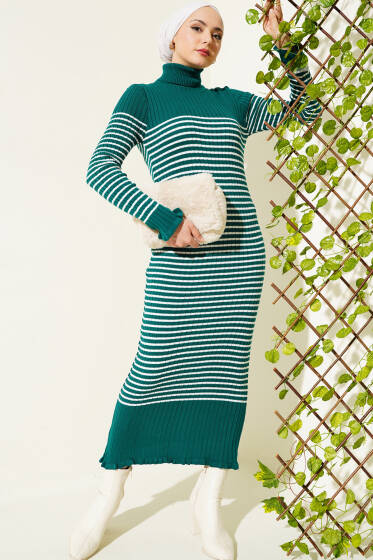 İnci Çizgili Fitilli Triko Elbise Zümrüt - Triko