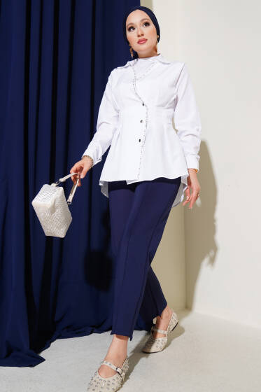 İnci Detaylı Belden Pileli Gömlek Beyaz - Gömlek