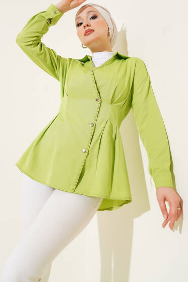 İnci Detaylı Belden Pileli Gömlek Fıstık Yeşili - Gömlek