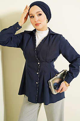 İnci Detaylı Belden Pileli Gömlek Lacivert 