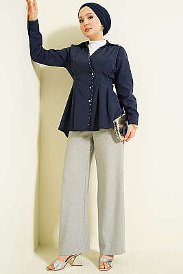 İnci Detaylı Belden Pileli Gömlek Lacivert - Gömlek