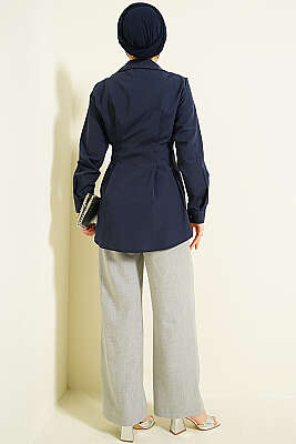 İnci Detaylı Belden Pileli Gömlek Lacivert - Gömlek