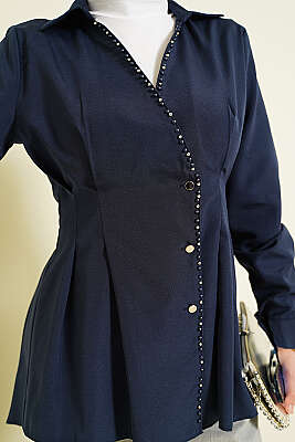 İnci Detaylı Belden Pileli Gömlek Lacivert - Gömlek