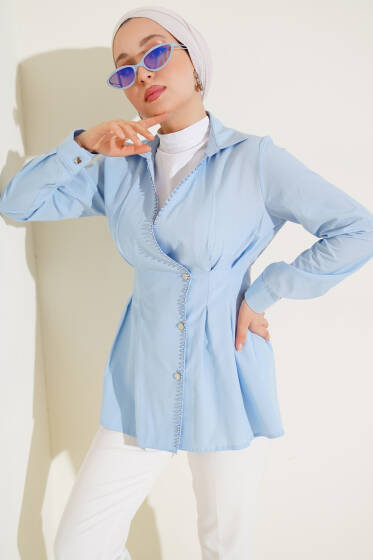 İnci Detaylı Belden Pileli Gömlek Mavi - Gömlek