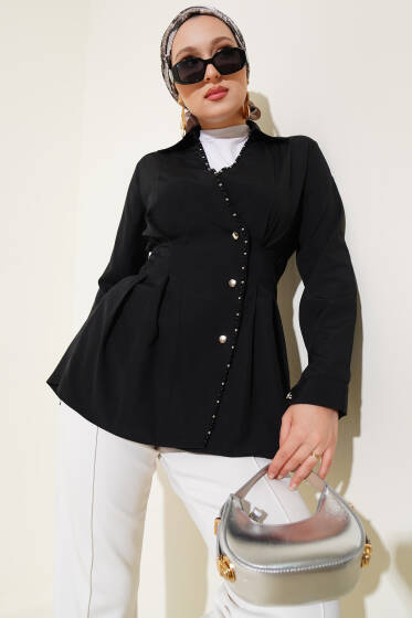 İnci Detaylı Belden Pileli Gömlek Siyah - Gömlek