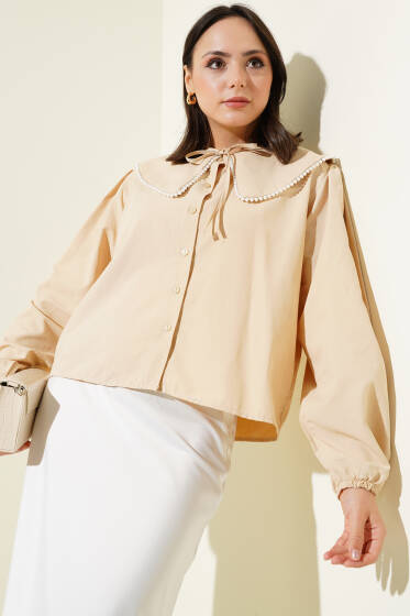 İnci Detaylı Denizci Yaka Kısa Gömlek Bej - Gömlek