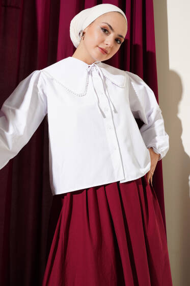 İnci Detaylı Denizci Yaka Kısa Gömlek Beyaz - Gömlek