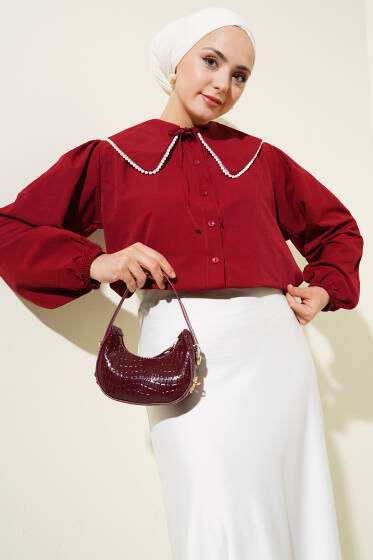 İnci Detaylı Denizci Yaka Kısa Gömlek Bordo - Gömlek