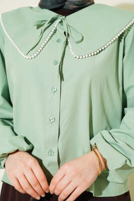 İnci Detaylı Denizci Yaka Kısa Gömlek Çağla Yeşili - Gömlek