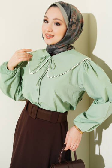İnci Detaylı Denizci Yaka Kısa Gömlek Çağla Yeşili - Gömlek