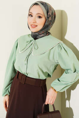 İnci Detaylı Denizci Yaka Kısa Gömlek Çağla Yeşili - Gömlek