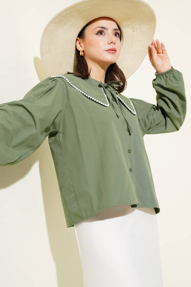 İnci Detaylı Denizci Yaka Kısa Gömlek Haki - Gömlek