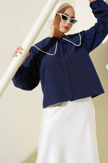 İnci Detaylı Denizci Yaka Kısa Gömlek Lacivert - Gömlek