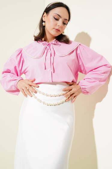 İnci Detaylı Denizci Yaka Kısa Gömlek Pembe - Gömlek