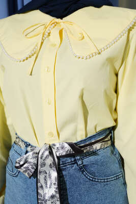 İnci Detaylı Denizci Yaka Kısa Gömlek Sarı - Gömlek