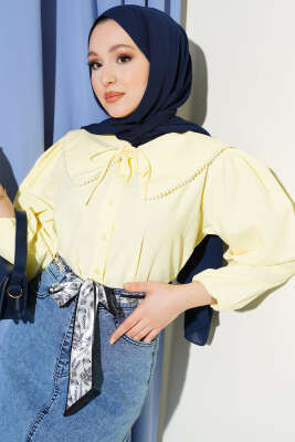 İnci Detaylı Denizci Yaka Kısa Gömlek Sarı - NEVA MODA