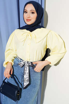 İnci Detaylı Denizci Yaka Kısa Gömlek Sarı - Gömlek