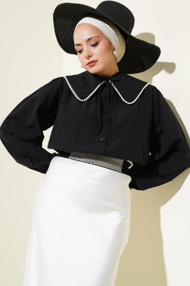İnci Detaylı Denizci Yaka Kısa Gömlek Siyah - Gömlek